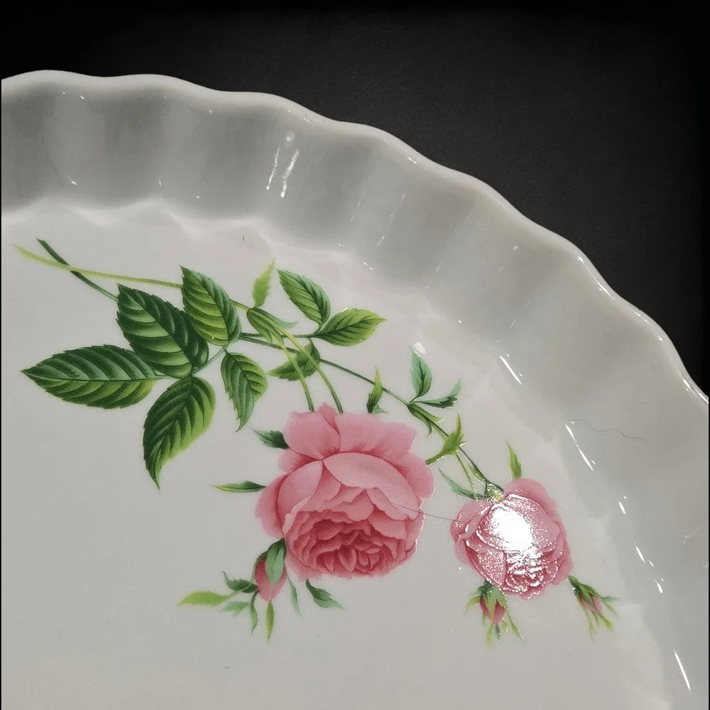 Vintage White Pink Floral Beveled Porcelain 9.5 Inch Quiche Tart 1950s Pie Pan